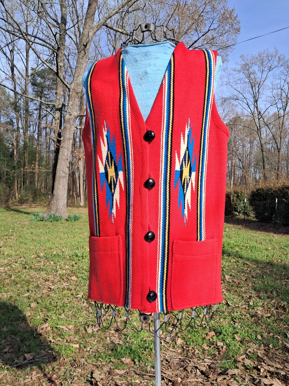 Chimayo Southwestern Red Knit Button Vest with Aztec Motif